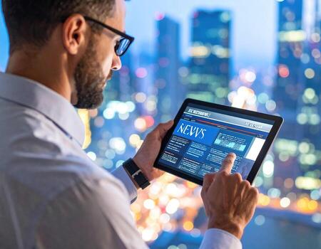 hombre utilizando tableta computadora en ciudad a noche foto