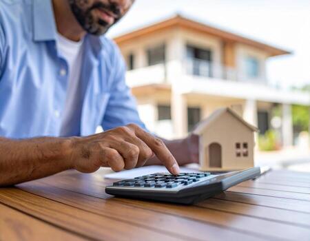 hombre utilizando calculadora a calcular hipoteca pago foto