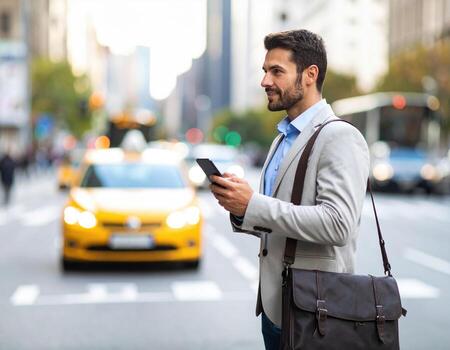 A man in a suit is using his cell phone while walking down the street photo