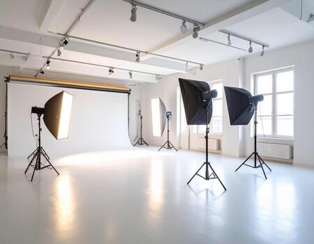 Minimalist white space bathed in warm glow of professional lighting, featuring multiple studio lights set up for photography. atmosphere is inviting and creative photo