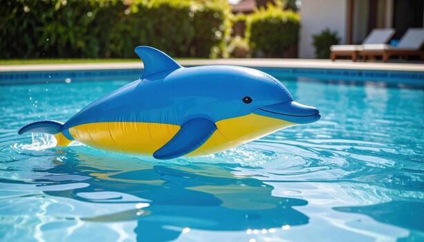 Vibrant blue and yellow inflatable tube shaped like playful dolphin bobbed gently in clear water of swimming pool, creating cheerful and inviting atmosphere photo