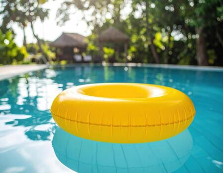 Vibrant bright yellow inflatable ring floats gracefully on surface of sparkling pool, embodying essence of summer fun and relaxation in tropical paradise photo