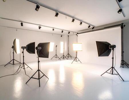 Minimalist white space bathed in warm glow of professional lighting, featuring multiple softbox lights arranged strategically for optimal illumination photo
