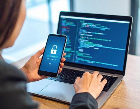 persona sostiene teléfono inteligente mostrando contraseña campo mientras utilizando ordenador portátil con código en pantalla, ilustrando temas de la seguridad cibernética y tecnología foto