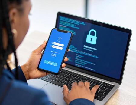 A woman using a laptop with a padlock on the screen photo