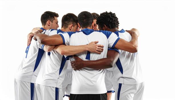 Teamwork and unity are essential in sports, as shown by this group of male soccer players embracing each other in huddle, showcasing camaraderie and support photo