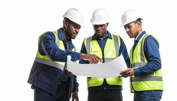 Construction workers review blueprints, showcasing teamwork and collaboration in professional setting. Their safety gear emphasizes importance of safety in construction projects photo