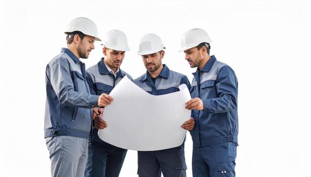 construcción trabajadores examinar planos juntos, exhibiendo trabajo en equipo y colaboración en profesional ajuste. su difícil sombreros y uniformes enfatizar la seguridad y Dedicación a su arte foto