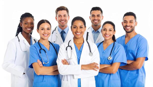 Healthcare professionals stand together, showcasing teamwork and dedication in clinical setting. Their diverse backgrounds and attire reflect commitment to patient care and collaboration photo
