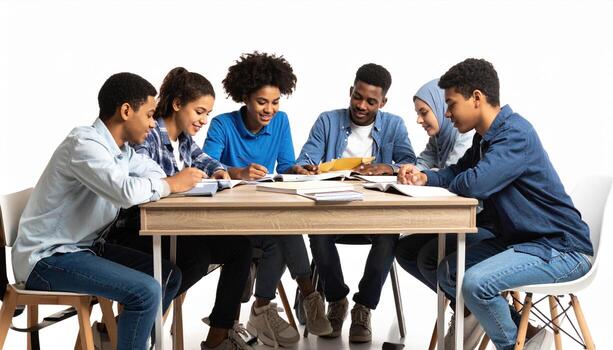 Collaborative study session with diverse group of young adults engaged in learning, sharing ideas, and working together on academic tasks. atmosphere is focused and supportive photo