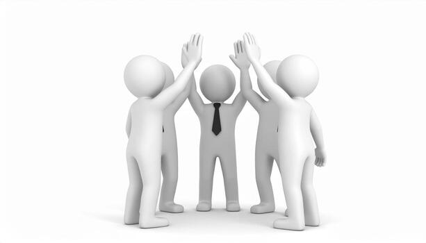 Teamwork and collaboration are essential for success, as depicted by five stylized figures celebrating together with raised hands. This conveys unity and shared achievement in professional setting photo