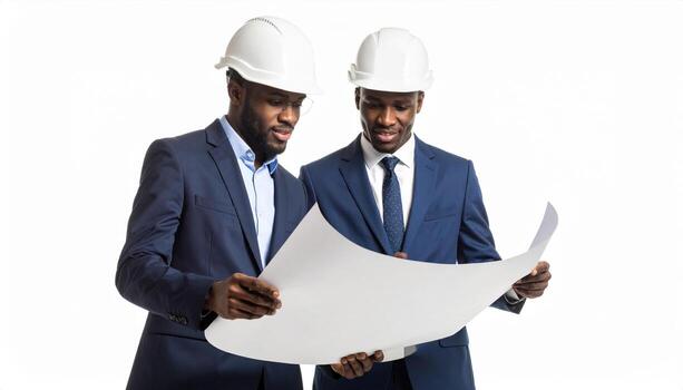 Professional men suits and hard hats examine architectural plans, showcasing teamwork and collaboration construction or engineering setting. Their focused expressions reflect dedication photo