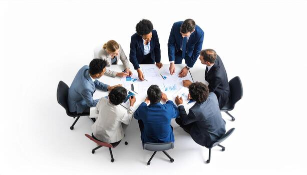 Collaborative business meeting with diverse professionals discussing strategies and analyzing data on documents. atmosphere is focused and engaged, showcasing teamwork and communication photo