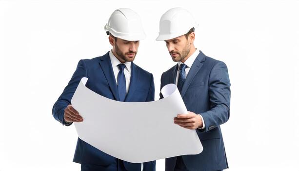 Construction professionals in suits and hard hats examine blueprints with focus and determination, showcasing teamwork and planning in modern work environment photo