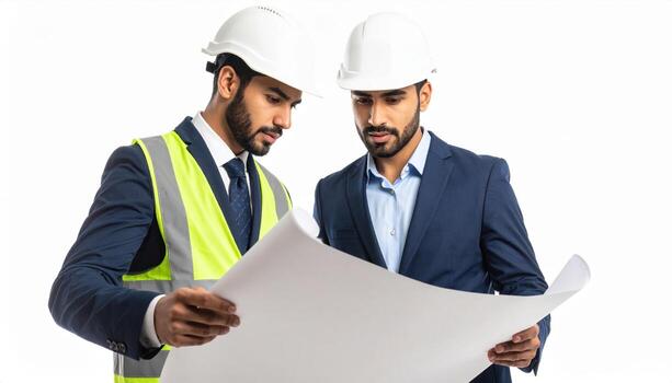 Two professionals in hard hats and safety vests examine blueprints, showcasing teamwork and collaboration in construction or engineering setting. Their focused expressions reflect dedication photo