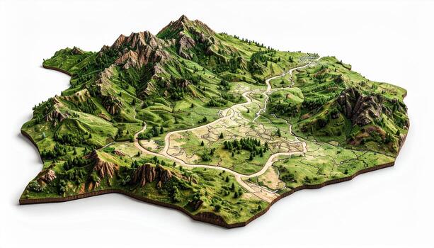 3d map of a mountain range with a road photo
