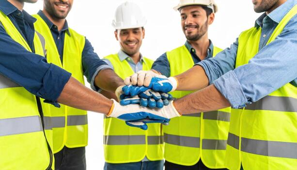 trabajo en equipo y colaboración son esencial en construcción, como mostrado por estos individuos vistiendo la seguridad chalecos y guantes, simbolizando unidad y compromiso a la seguridad foto