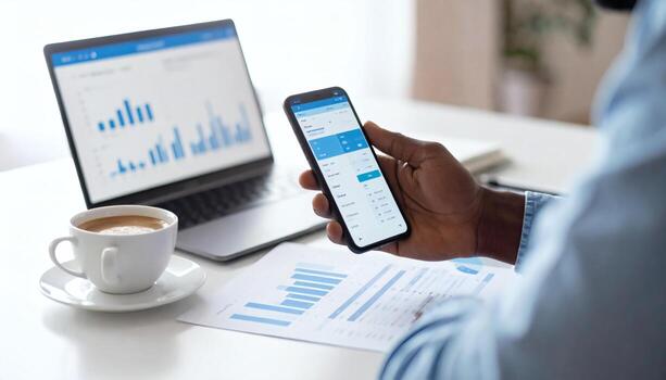 Person working with financial data on smartphone and laptop, analyzing charts and graphs in bright office environment, with cup of coffee nearby, conveying productivity and data analysis photo