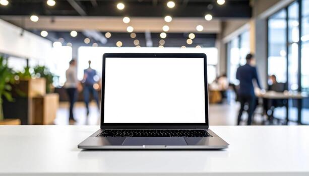 Modern laptop with blank screen white table bright, busy office environment with people working and socializing background. scene is well lit with natural and artificial light, creating photo