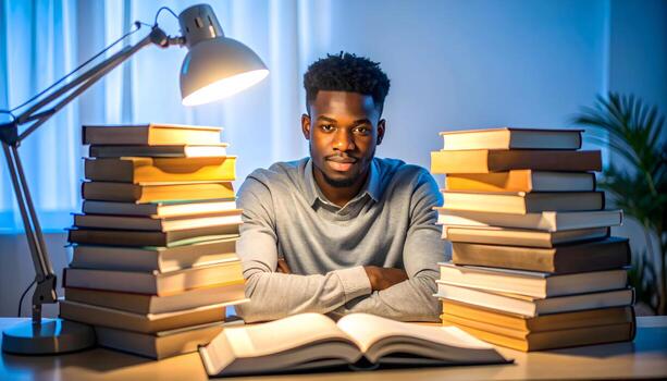 Young man studying at desk surrounded by stacks of books under desk lamp, with focused and determined expression, in cozy indoor setting with plant in background photo