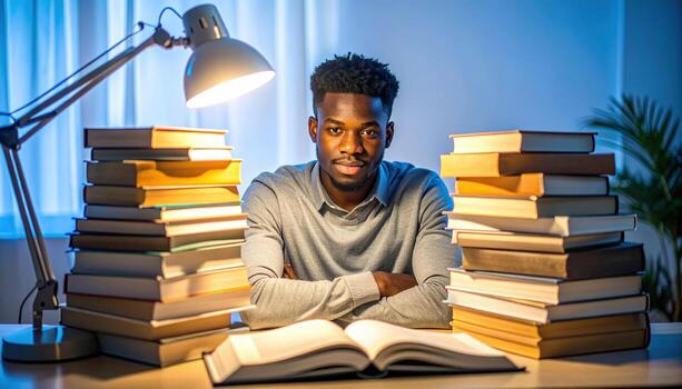 Young man sitting at desk surrounded by stacks of books and desk lamp, studying or working late into night with focused expression, in cozy indoor setting with plant in background photo