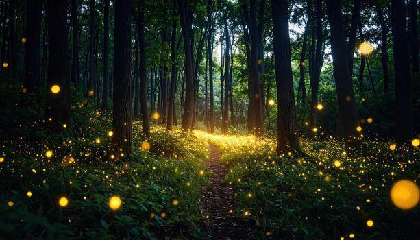 Forest scene illuminated by fireflies dusk, creating magical and enchanting atmosphere with glowing lights among tall trees and lush greenery. warm glow of fireflies adds sense of wonder photo