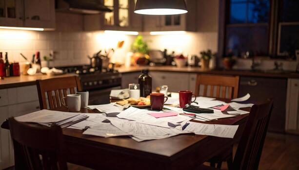 Cluttered dining table kitchen with papers, notebooks, and cups scattered around, illuminated by hanging light, creating busy and chaotic atmosphere, possibly indicating work or study progress photo
