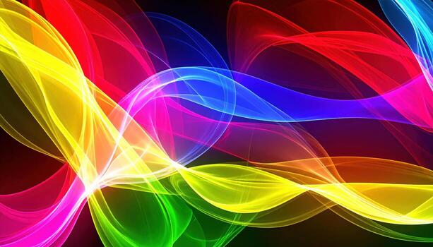 Colorful abstract light waves with vibrant hues of yellow, pink, blue, green, and red flowing across dark background, creating dynamic and energetic visual effect photo