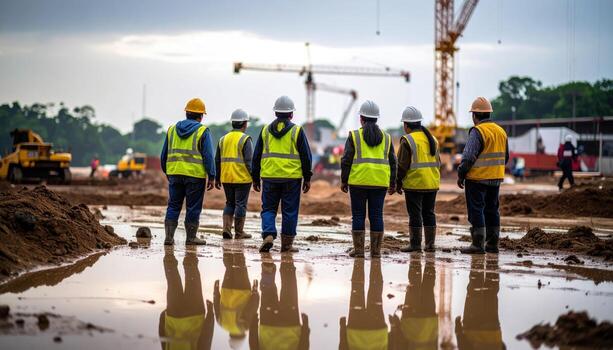 Group of construction workers standing muddy site with safety vests and helmets, overseeing ongoing construction work cloudy sky, reflecting determination and teamwork large scale building project photo