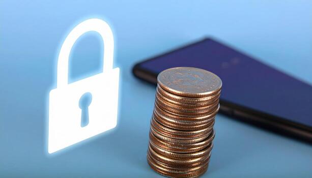 Image shows stack of coins placed on surface with digital lock icon and smartphone in background, symbolizing digital security or financial protection photo