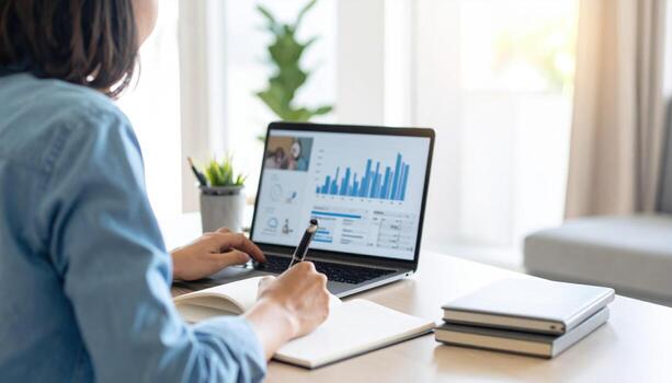 Person is working on laptop, analyzing data and charts, while taking notes in notebook. workspace is bright and organized, featuring plant and some books, creating productive atmosphere photo
