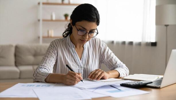 Focused woman is working at desk, writing notes in notebook surrounded by documents and laptop. serene environment enhances her concentration and productivity photo