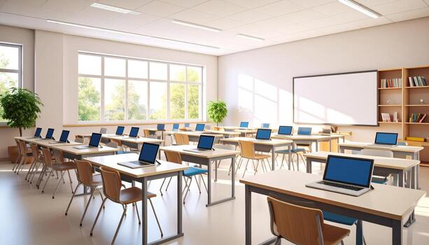Modern classroom featuring multiple desks and chairs arranged neatly, with laptops each desk. Large windows allow natural light to fill space, creating bright and inviting atmosphere for learning photo