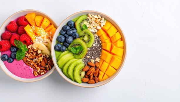 Fresh and vibrant smoothie bowls filled with colorful fruits like mango, kiwi, blueberries, and raspberries, topped with nuts and seeds, create healthy and delicious breakfast option photo