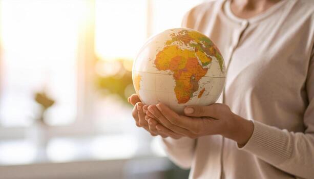 Person holding globe showing Africa and surrounding continents in bright indoor setting, symbolizing global awareness or education, with warm natural light creating welcoming atmosphere photo