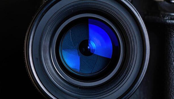 Close up of camera lens showing reflections and blue tint, detailed and sharp, with dark background, capturing intricate glass elements and metallic parts, evoking sense of precision photo