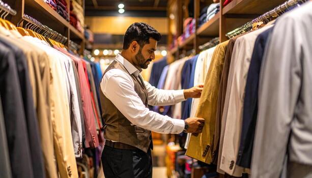 Man shopping for suits in clothing store, browsing through variety of formal jackets and blazers, with warm lighting creating cozy shopping environment photo