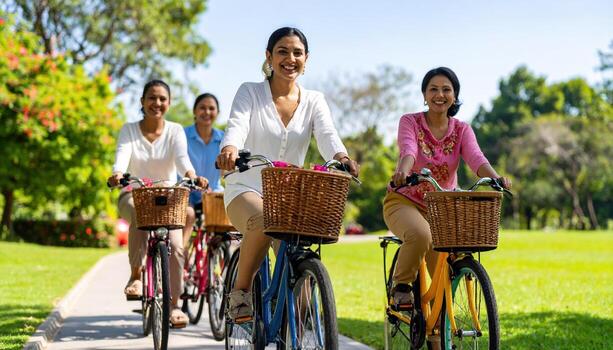 Group of women enjoying sunny day riding bicycles in park, smiling and having fun, surrounded by lush green trees and colorful flowers, creating cheerful and lively atmosphere photo