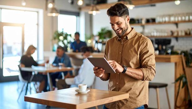 Smiling man in casual attire using tablet in cozy, modern cafe with natural light, wooden furniture, and other customers enjoying their time, creating warm and inviting atmosphere photo