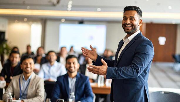 Man suit giving presentation to audience conference room smiling and engaging with attendees professional setting business event corporate training leadership teamwork communication success photo