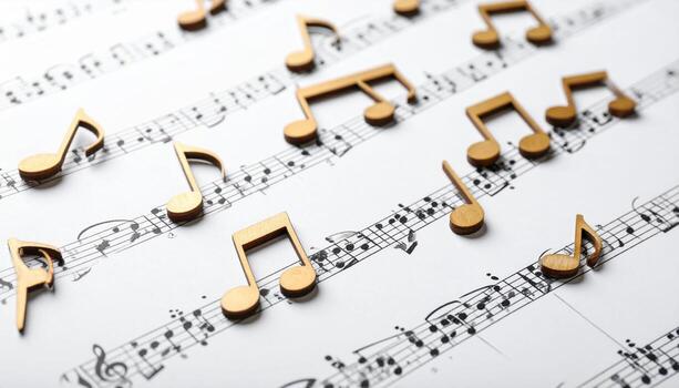 sábana de música con de madera musical Nota recortes dispersado a través de él, creando juguetón y artístico escena ese enfatiza musical creatividad y ritmo foto