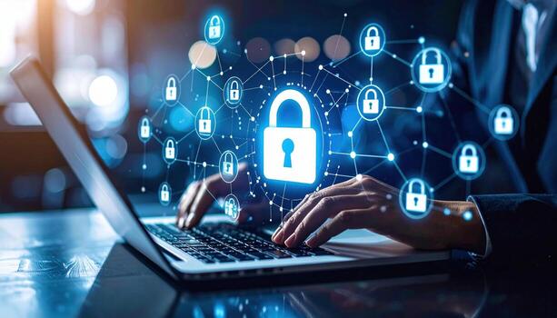 digital seguridad concepto con persona utilizando computadora portátil, rodeado por interconectado bloquear íconos simbolizando la seguridad cibernética y datos proteccion, enfatizando en línea la seguridad y intimidad foto