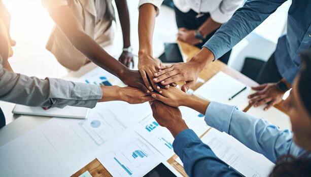 Team of diverse professionals joining hands in gesture of unity and collaboration during business meeting, with documents and charts on table, symbolizing teamwork and success photo