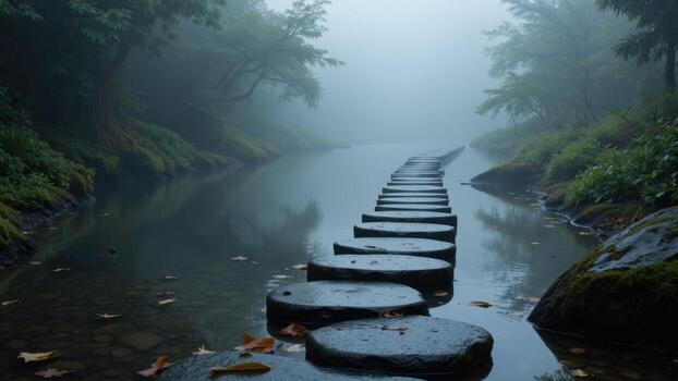 A stone path crosses water. Trees line the water's edge. The scene is foggy. photo