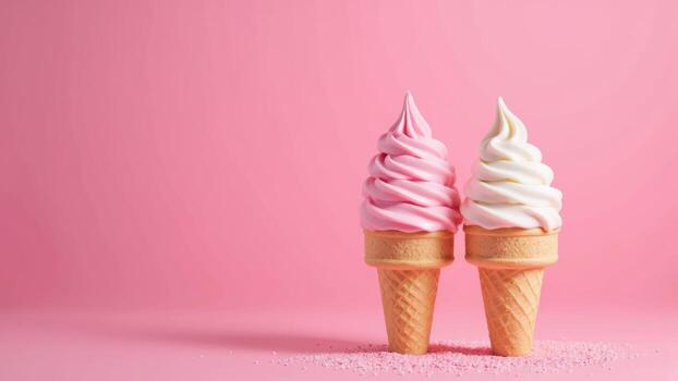 Two ice cream cones are on a surface with a matching background. The first is light pink and the second is light. The floor has granular pieces scattered in front of them. photo
