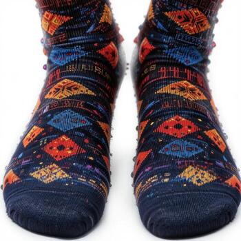 Feet are covered with socks. The socks have geometric patterns and small protrusions. photo