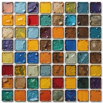 The image consists of an array of square elements, each containing textures and a variety of colors. The elements have a frame like border, giving the impression of individual containers photo