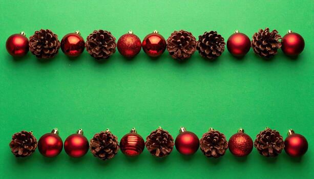Christmas decorations arranged in a row on a green background photo
