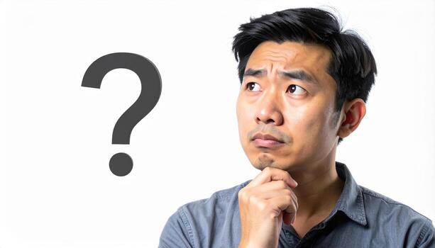 Thoughtful man with furrowed brow gazes intently at question mark, pondering weighty decision photo