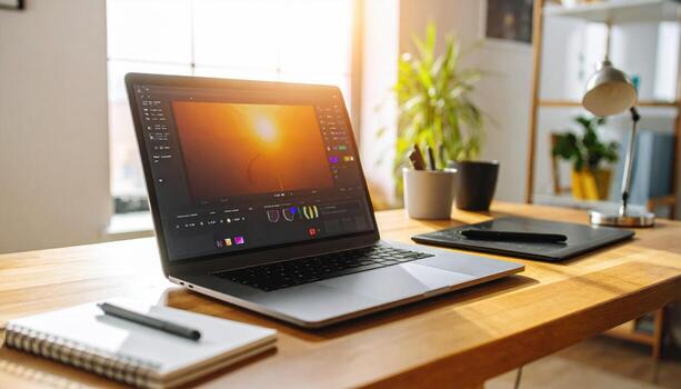 A laptop computer sitting on a wooden desk with a window photo